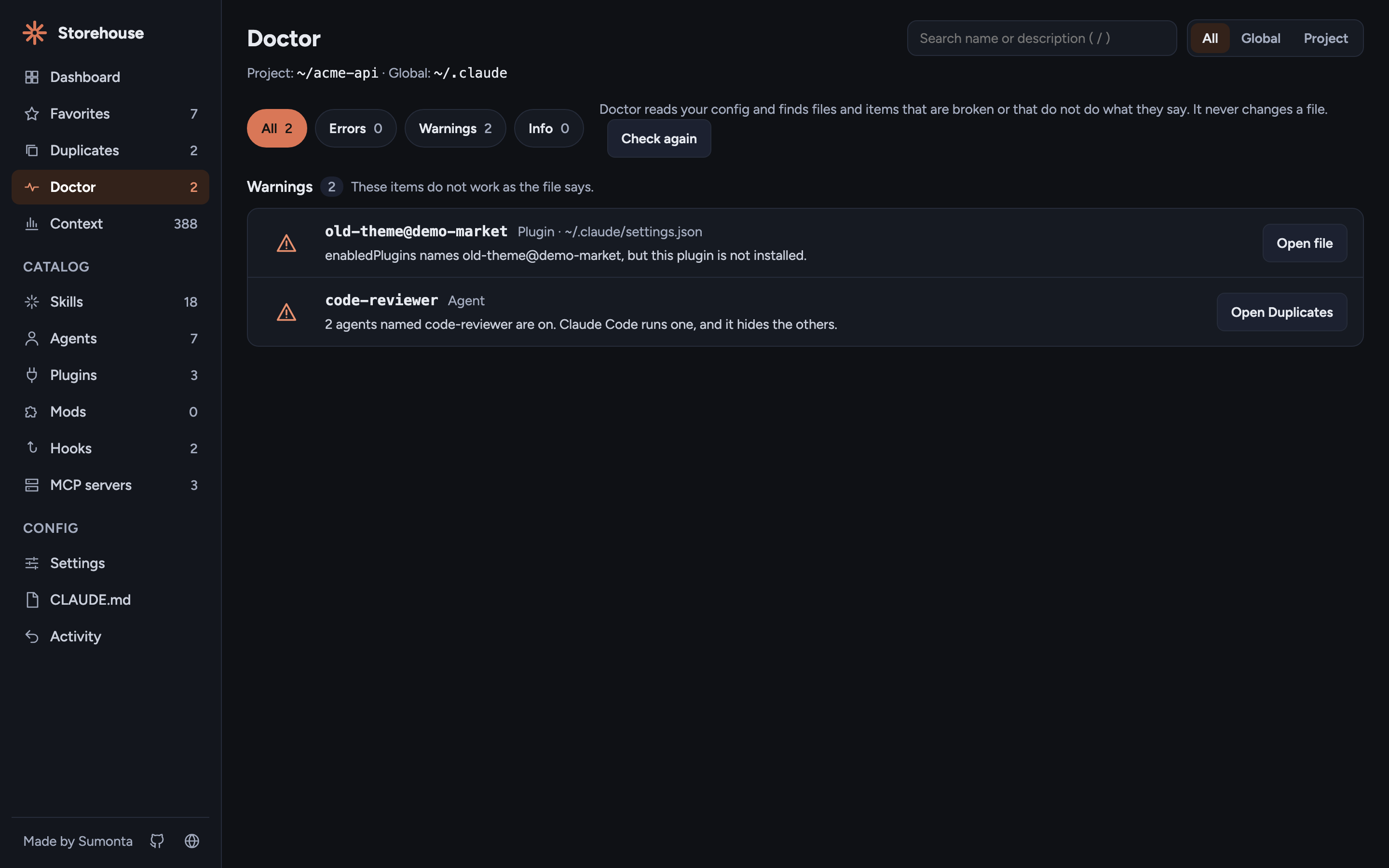 Doctor page with Errors, Warnings, and Info filter chips and warning rows, each with an Open button