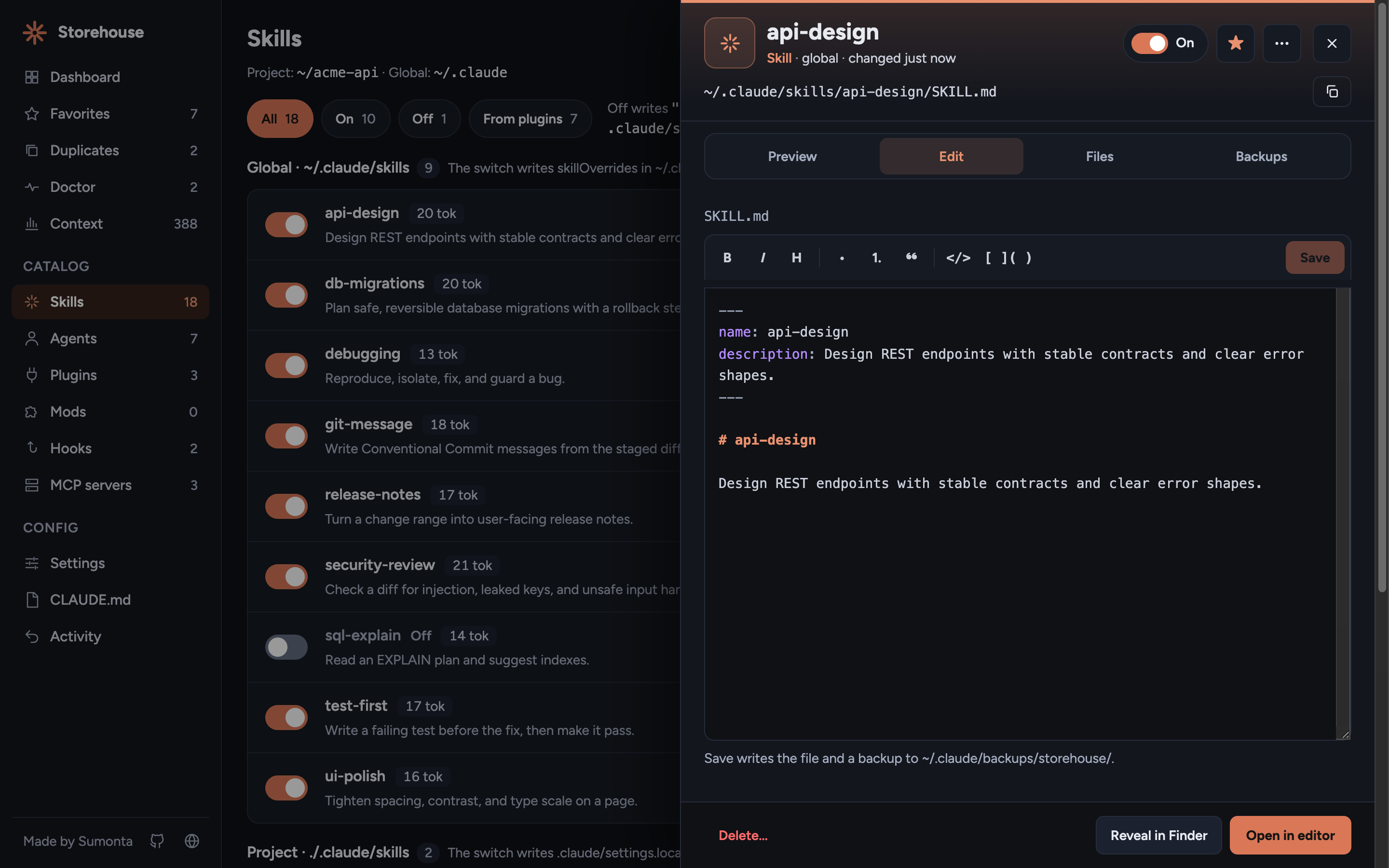 A skill open in the drawer editor with its file path and the Save button