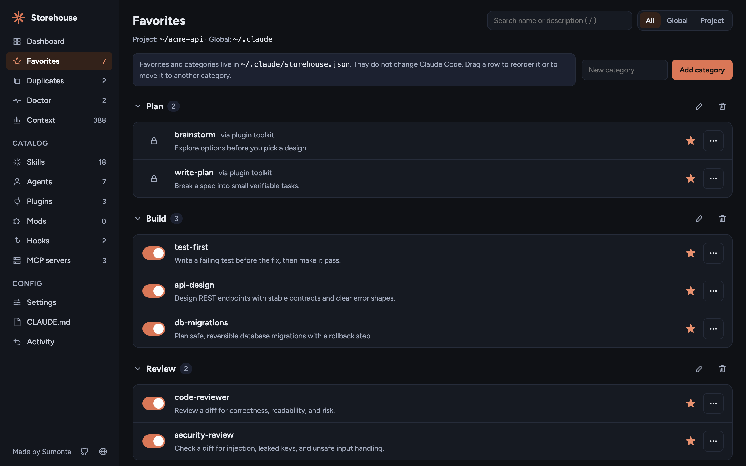 Favorites page with items grouped into Plan, Build, and Review categories