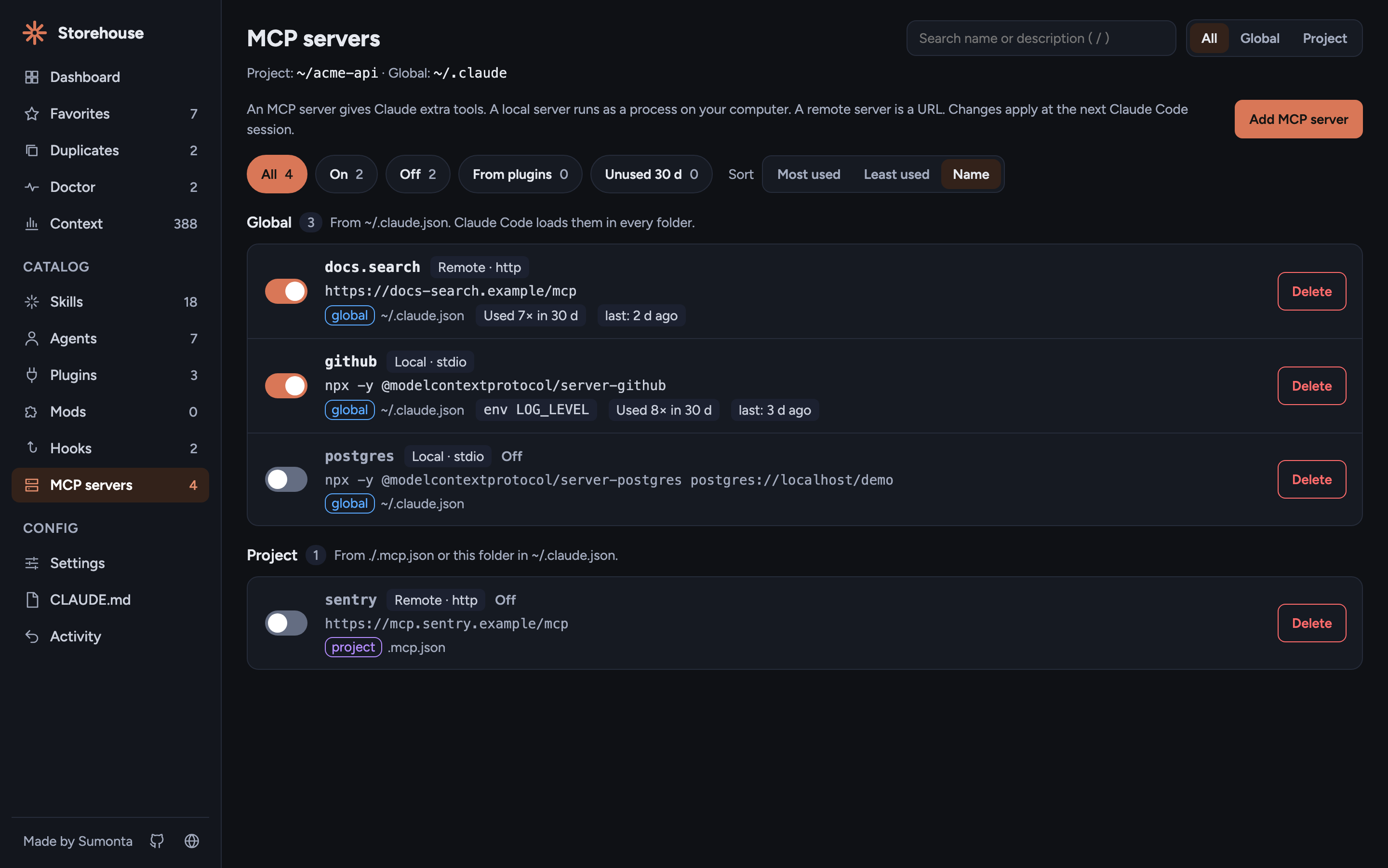 MCP servers page with transport, command, source, masked environment values, and 30-day use for each server