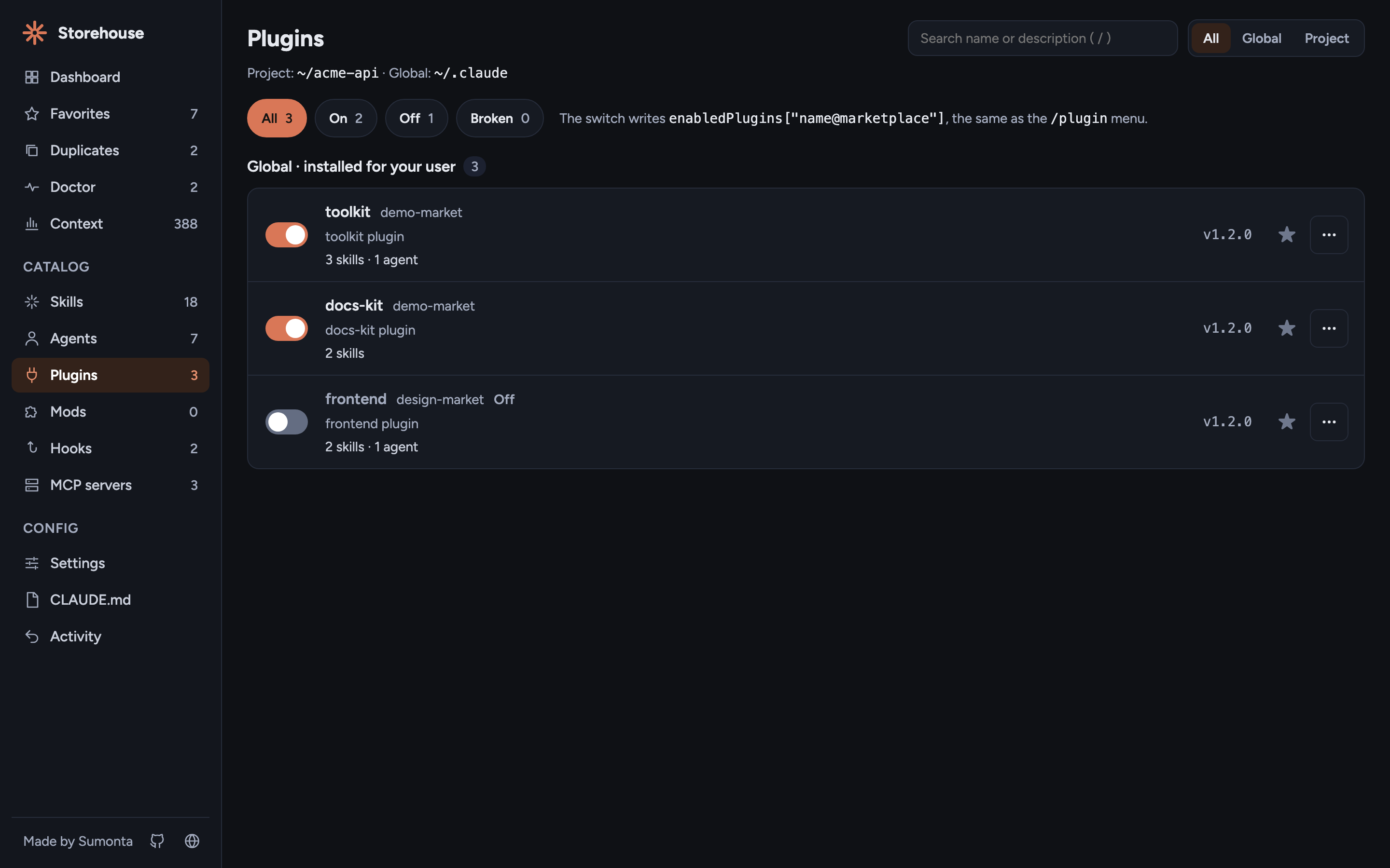 Plugins page with three plugins from two marketplaces, their versions, and on/off switches