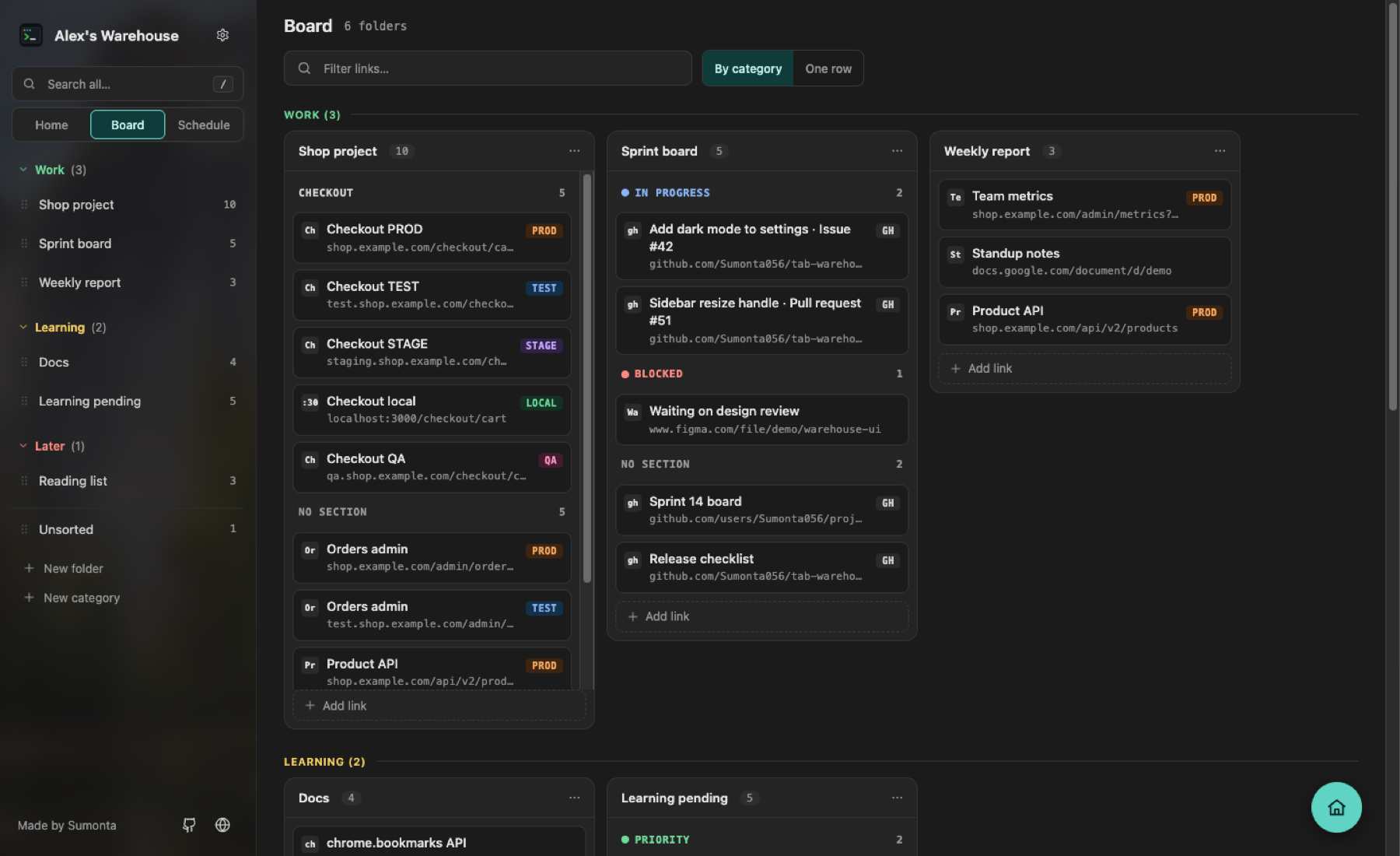 Board view: lanes for the Work and Learning categories, with a column of link cards per folder, section headers and env badges