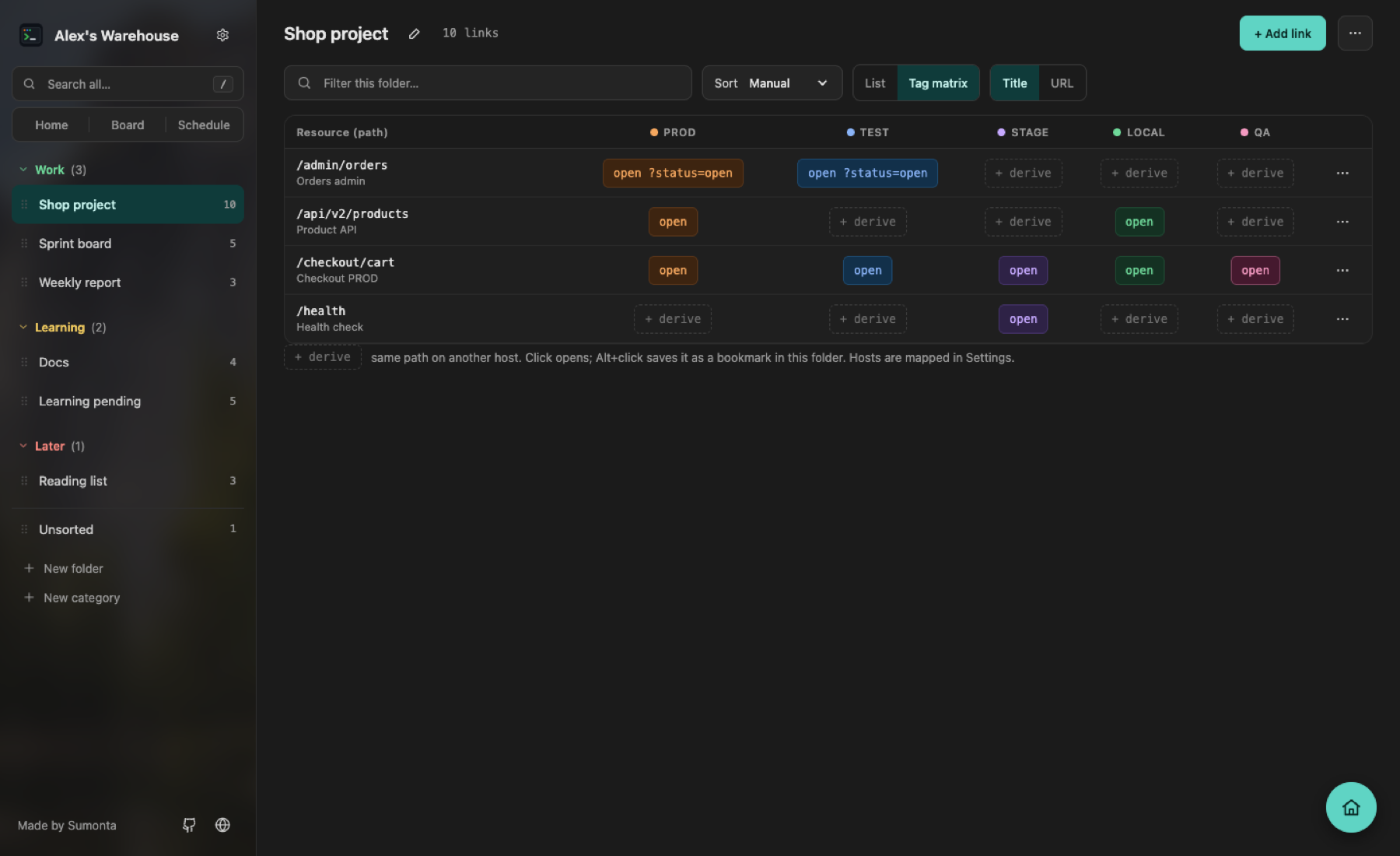 Tag matrix table: rows for /admin/orders, /api/v2/products, /checkout/cart and /health with open and derive buttons for PROD, TEST, STAGE, LOCAL and a pink QA tag