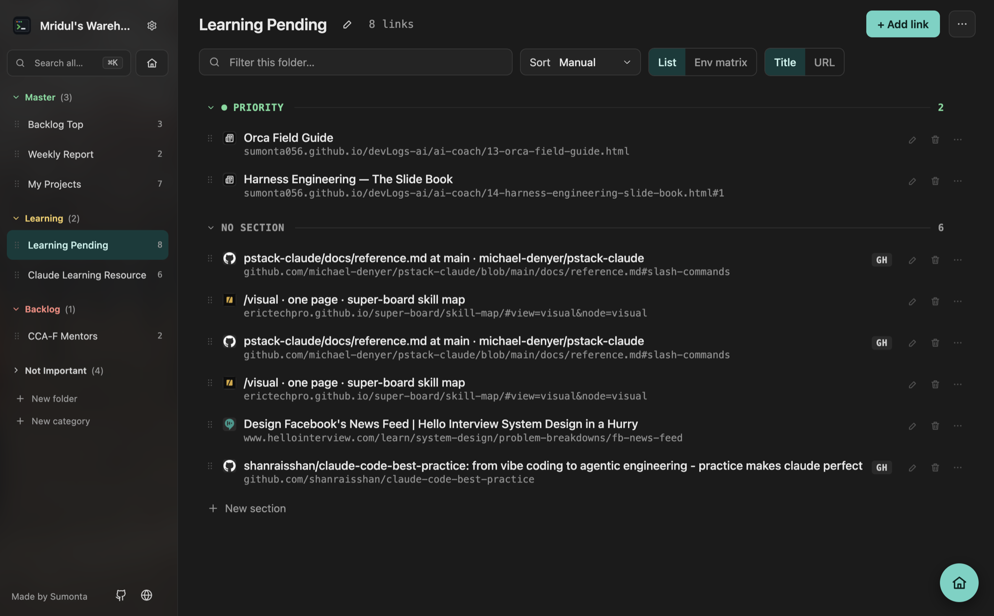 A folder page with a Priority section and a No section group; each row shows the title and the full URL