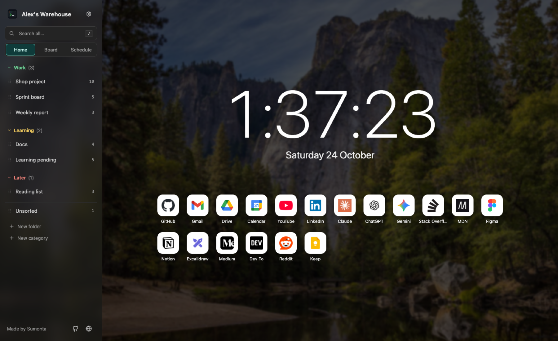 Home page with a clock, the date and 18 site tiles over a darkened mountain photo; the sidebar uses the same photo, blurred