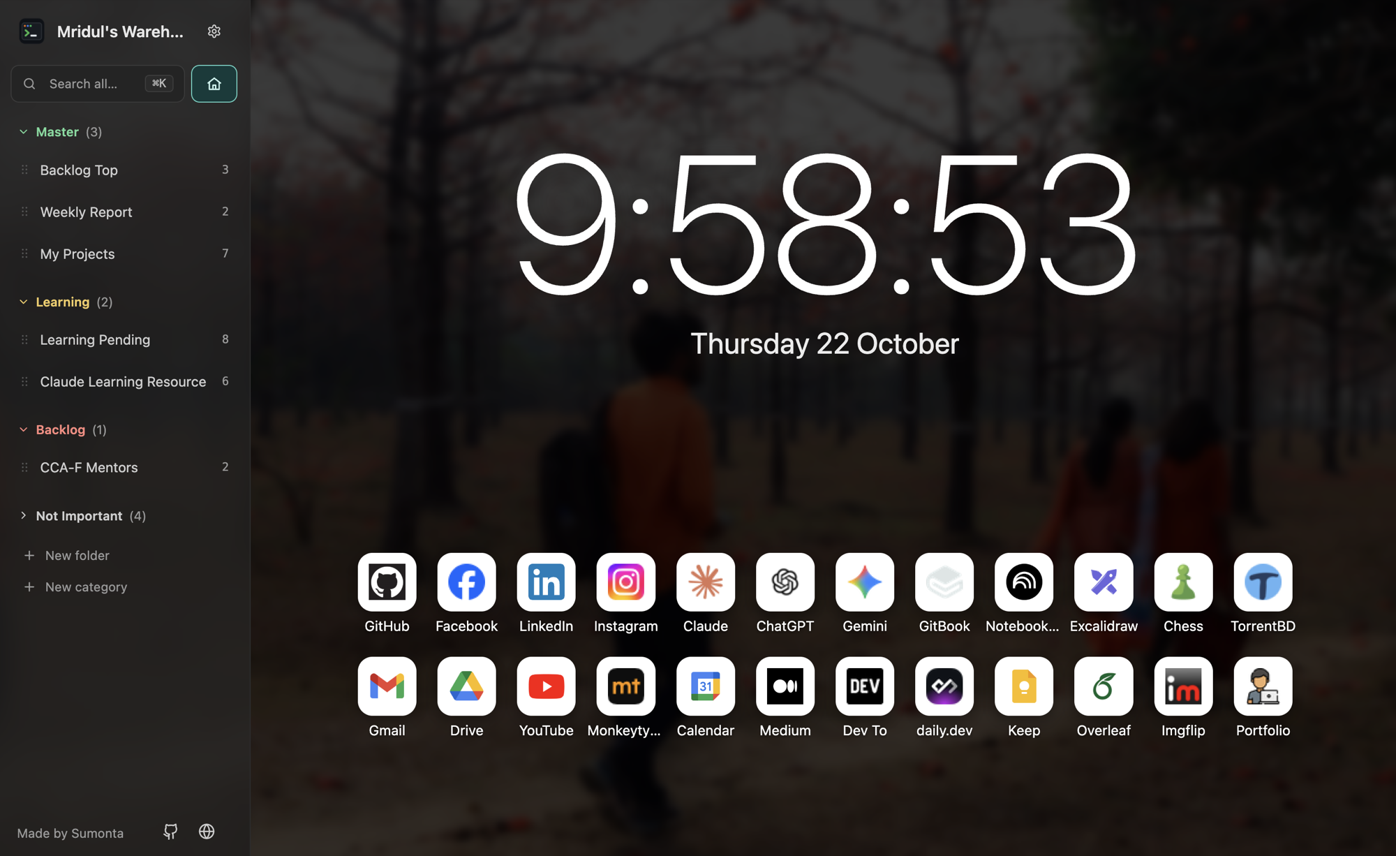 Tab Warehouse Home: a large clock, the date and a grid of site tiles over a dark photo, with the folder sidebar on the left