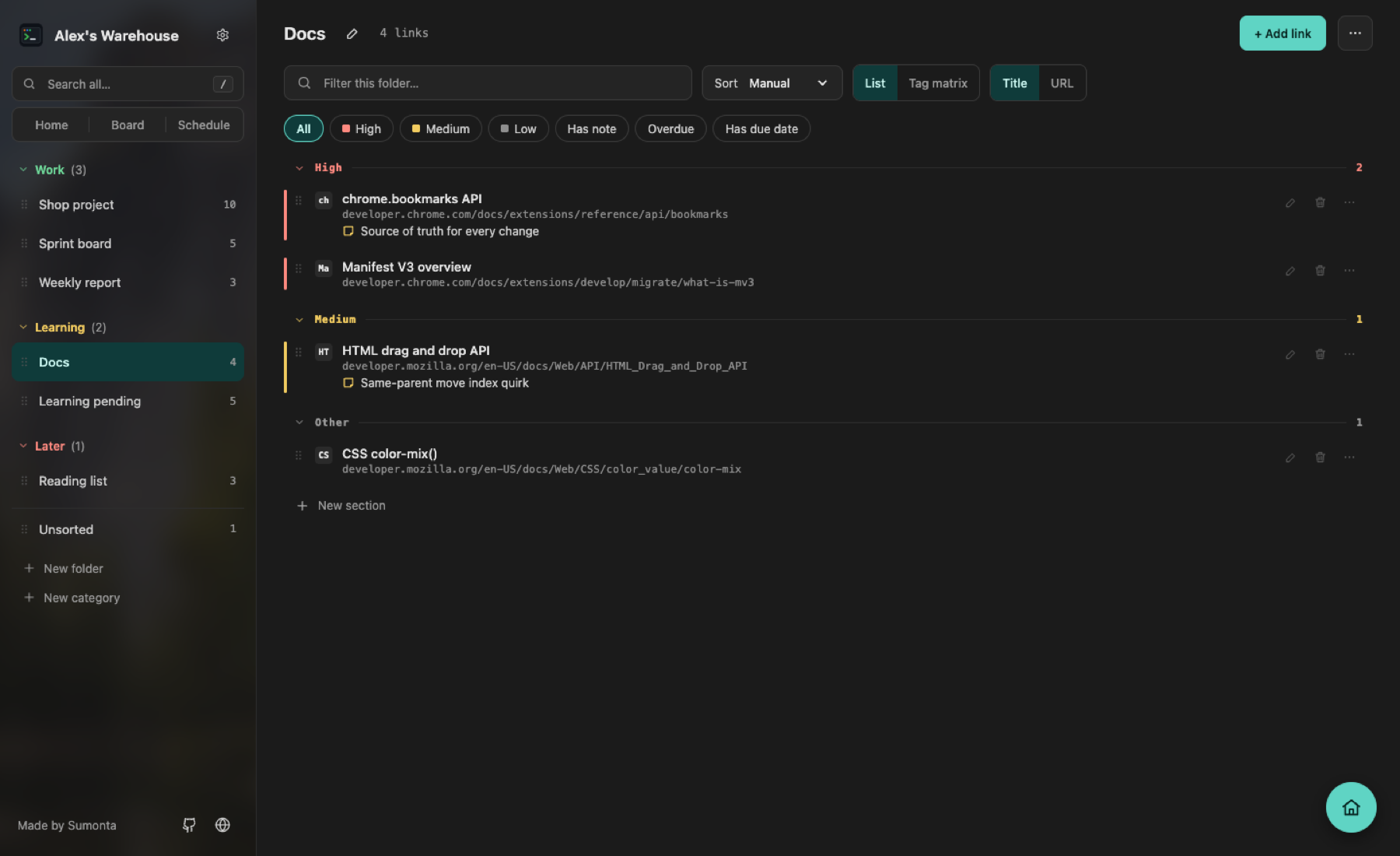 Docs folder with High, Medium and Other groups; High and Medium rows have a colored stripe and a note under the URL