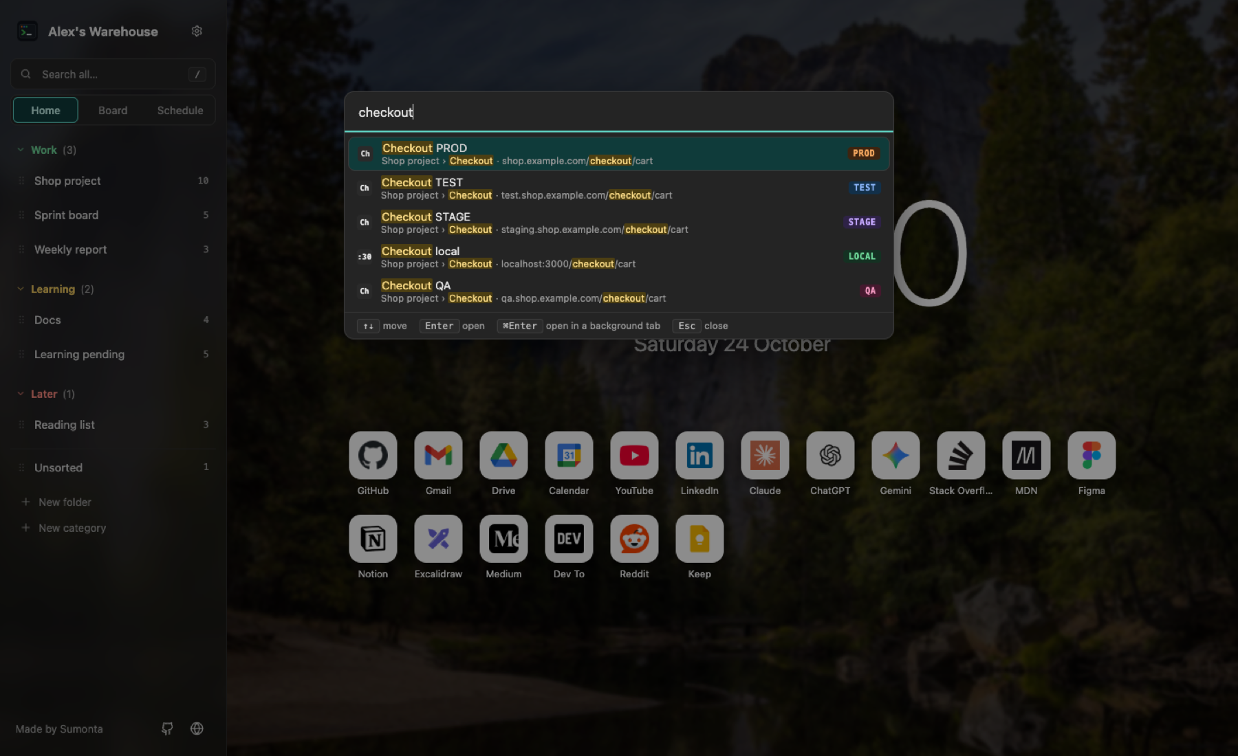 The command palette over Home with five Checkout links, the matching text highlighted and a tag badge on each