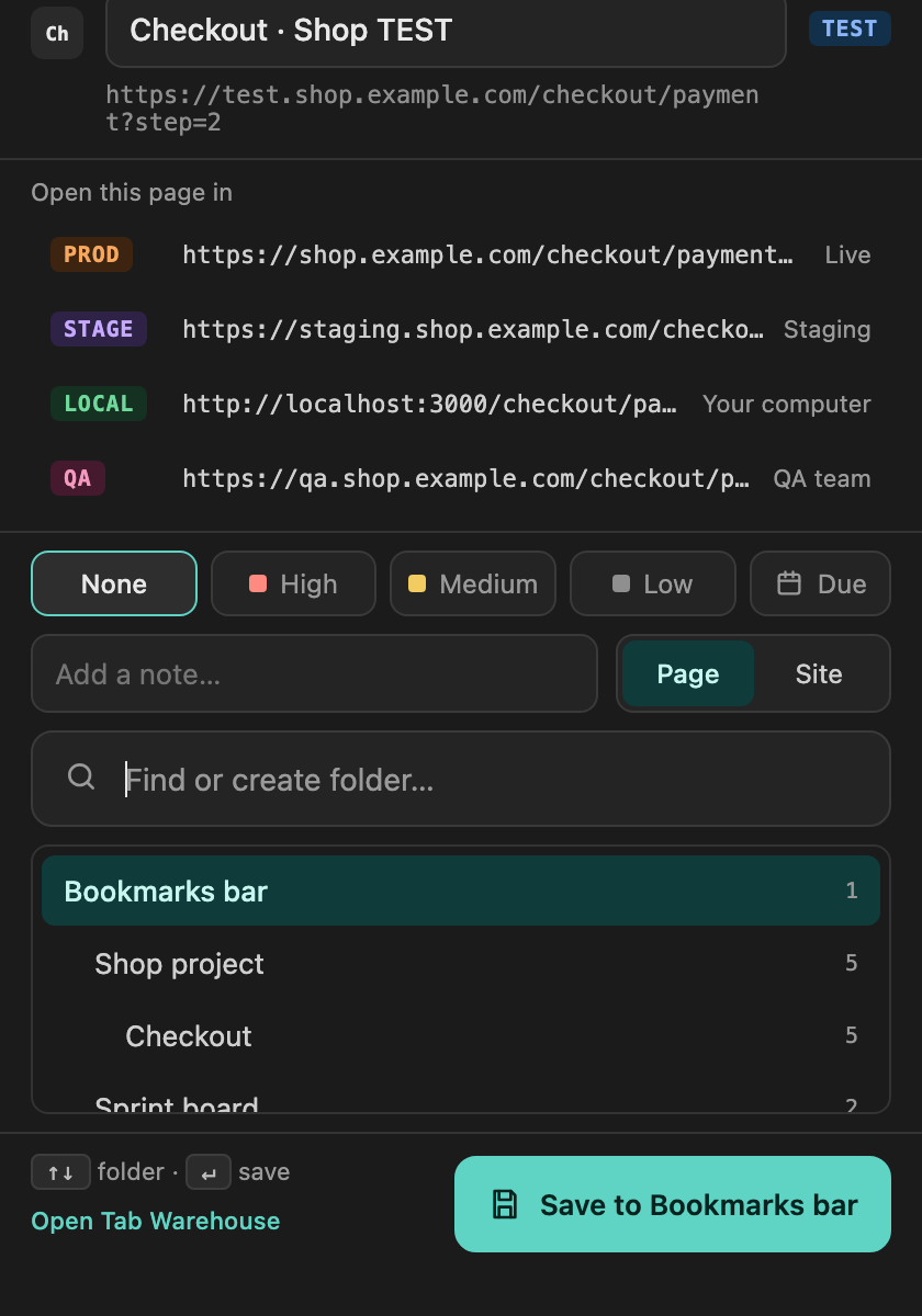The save popup with the page title, a TEST badge, links to the same page on PROD, STAGE, LOCAL and QA, High priority picked, a short note, a folder list and a Save button