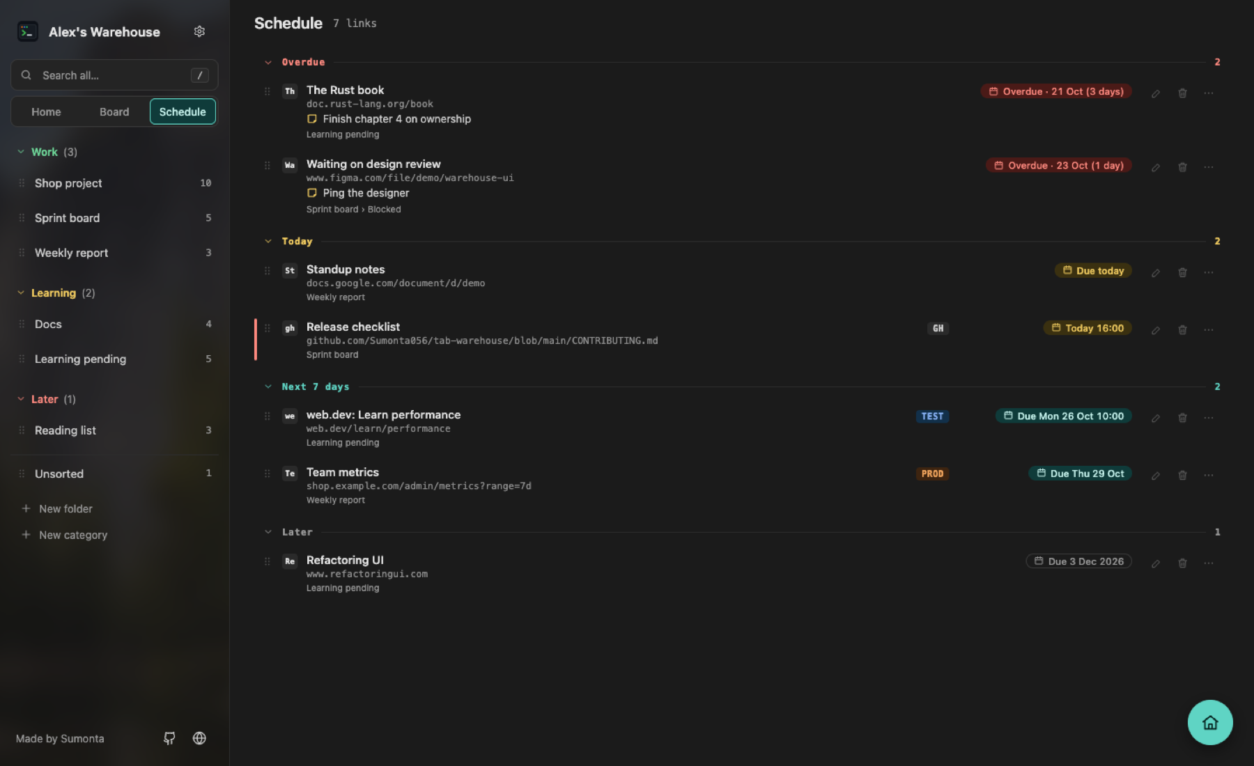 Schedule view: links from several folders in Overdue, Today, Next 7 days and Later groups, each with its folder name and a due chip on the right
