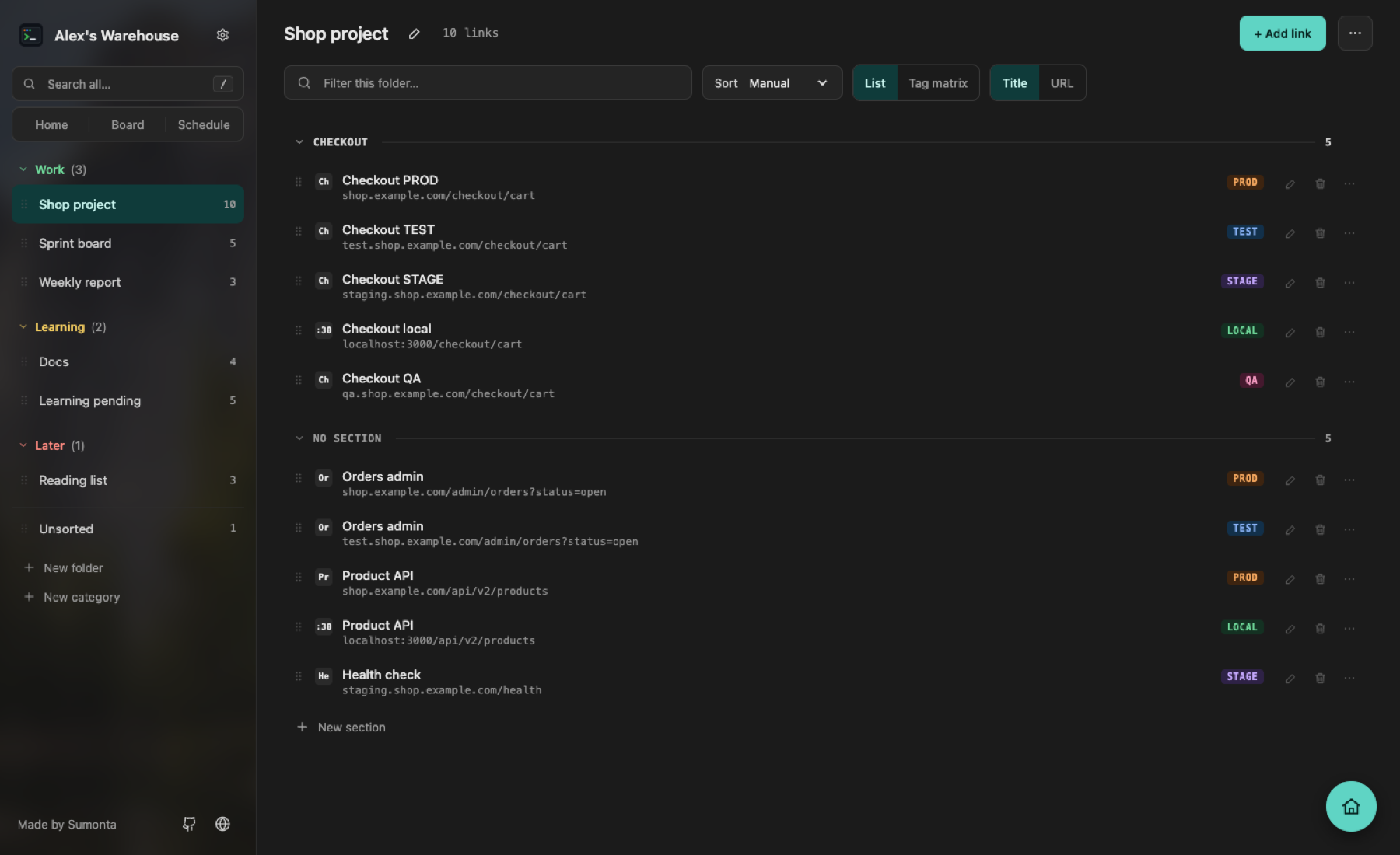 Shop project folder with a Checkout section and PROD, TEST, STAGE and LOCAL badges on each row