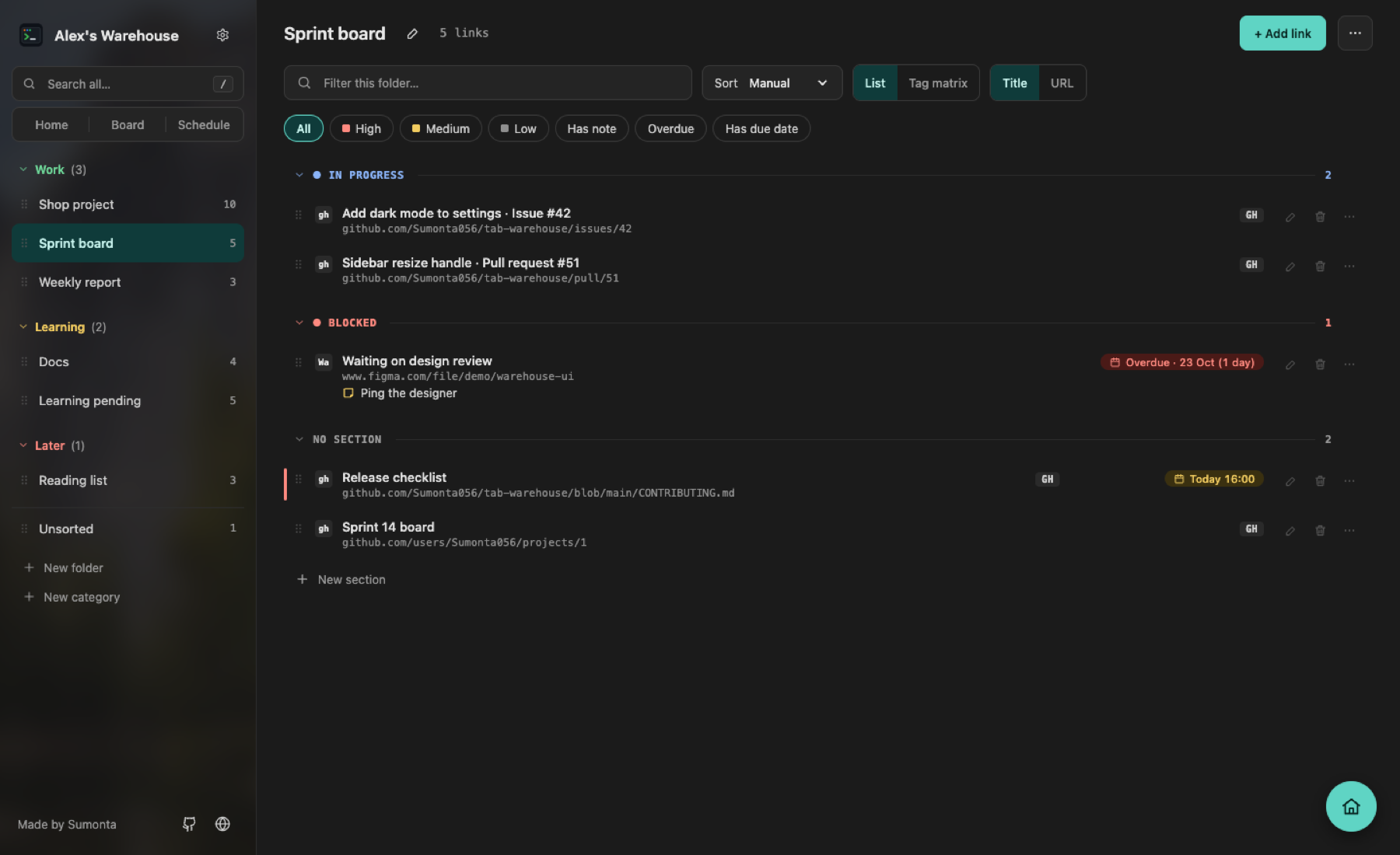 Sprint board folder with In progress and Blocked sections, and the sidebar grouped into Work, Learning and Later